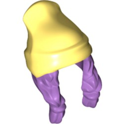 Minifigure, Hair Combo, Hair with Hat, 2 Braids over Shoulders with Molded Bright Light Yellow Beanie Pattern, 52686pb01 Medium Lavender U
