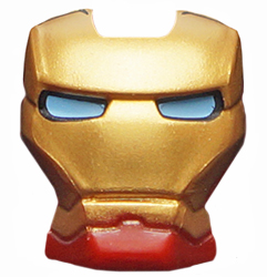 Minifigure, Visor Top Hinge with Gold Face Shield and Bright Light Blue Eyes Pattern, 10908pb12 Dark Red U