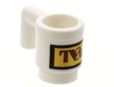 Minifigure, Utensil Cup with Reddish Brown TVA Logo on Gold Rectangle Pattern, 3899pb009 White U