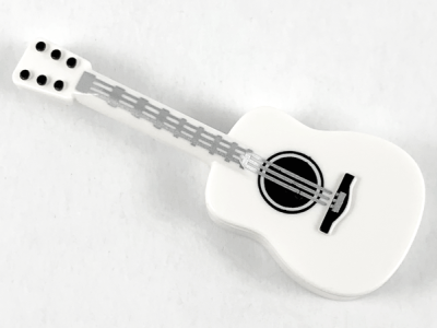 Minifigure, Utensil Musical Instrument, Guitar Acoustic with Silver Strings and Black Tuning Knobs Pattern, 25975pb02 White U