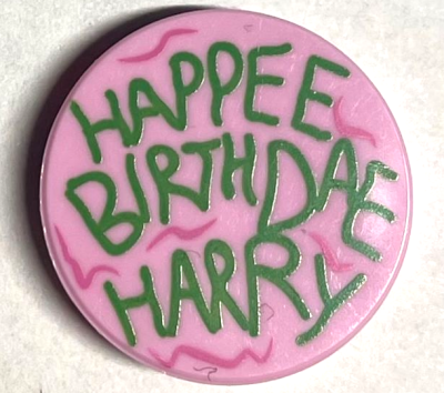 Tile, Round 2 x 2 with Bottom Stud Holder with Green 'HAPPEE BIRTHDAE HARRY', Dark Pink Swirls Pattern, 14769pb459 Bright Pink N