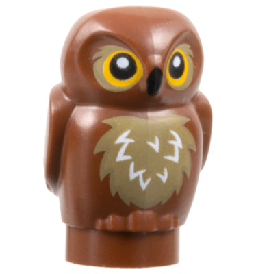 Owl, Small with Bright Light Orange Eyes, Dark Tan Feathers and Black Beak Pattern, 3753pb01 Reddish Brown U