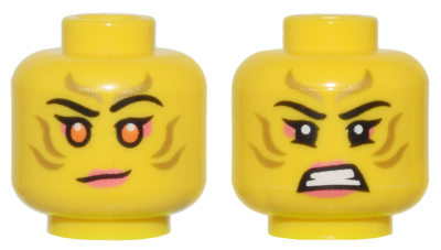 Minifigure, Head Dual Sided Female Gold Stripes Face Paint, Coral Lips and Eye Shadow, Orange Eyes, Lopsided Grin / Bared Teeth Pattern, 3626pb3368 Yellow U