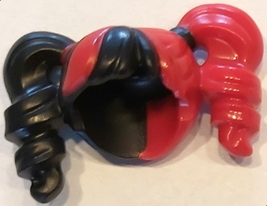 Minifigure, Hair Female Pigtails High Bouncy, Hole on Top with Red Hair on Left Side and Red Tie on Right Side Pattern, 28798pb04 Black U