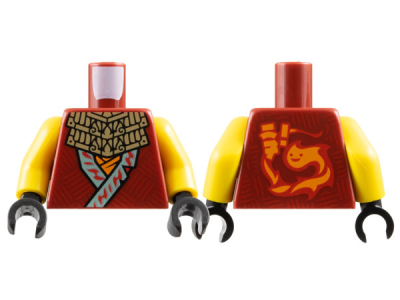 Torso Ninja Robe with Sand Blue Hems and Red Lines over Orange Shirt, Dark Tan Ornate Necklace, Ninjago Logogram 'WF!' and Flame with Face Logo on Back Pattern / Yellow Arms / Black Hands, 973pb5558c01 Dark Red U