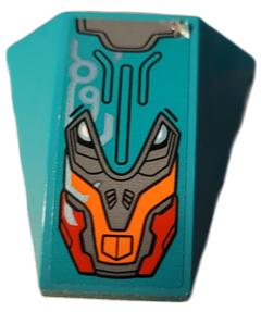 Wedge 4 x 4 Triple Curved No Studs with Dark Bluish Gray, Orange and Red Armor Plates with Black Outlines and Metallic Light Blue Circuitry Pattern (Sticker) - Set 76194, 47753pb123 Dark Turquoise U