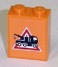 Brick 1 x 2 x 2 with Inside Axle Holder with Tow Truck Danger Sign Pattern Facing Right (Sticker) - Sets 7638 / 7642 / 7686, 3245bpb13R Orange U