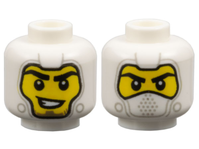 Minifigure, Head Dual Sided Balaclava with Light Bluish Gray Details, Yellow Face, Black Eyebrows, Lopsided Open Mouth Smile with Teeth / Covered Mouth Pattern, 3626pb3764 White N