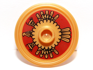 Minifigure, Shield Circular / Round Rimmed Face with Stud with Dark Red and Gold Aztec Pattern, 91884pb003 Pearl Gold N