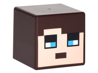 Minifigure, Head, Modified Cube with Pixelated Light Nougat Face, Medium Azure Eyes, and Black Eyebrows Pattern (Minecraft Skin), 19729pb019 Dark Brown U