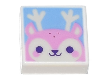 Tile 1 x 1 with Bright Pink Reindeer Face with Dark Purple Eyes on Bright Light Blue Background Pattern, 3070pb188 White U