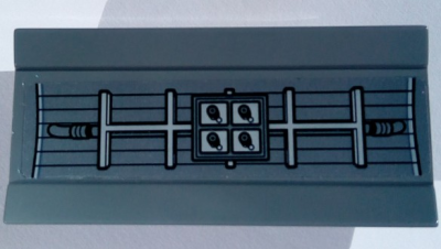Vehicle, Spoiler / Plow Blade 6 x 3 with Hinge with SW Millennium Falcon Radar Pattern (Sticker) - Set 75105, 2440pb021 Dark Bluish Gray U