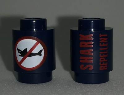 Brick, Round 1 x 1 with 'SHARK REPELLENT' and No Sharks Sign Pattern, 3062pb050 Dark Blue U
