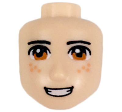 Mini Doll, Head Friends Male Large with Black Thin Eyebrows, Dark Orange Eyes, Nougat Freckles, and Open Mouth Smile with Teeth Pattern, 37806 Light nougat N