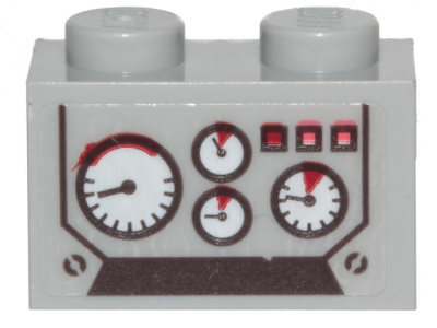 Brick, Modified 1 x 2 with Studs on 1 Side with 4 Gauges Pattern (Sticker) - Set 70419, 11211pb02 Light Bluish Gray U