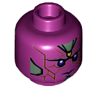 Minifigure, Head Alien Robot with Yellow Spot on Forehead, Dark Purple Eyes, Reddish Brown Lines, and Sand Green Armor Plates Pattern (Vision), 3626pb1691 Magenta U