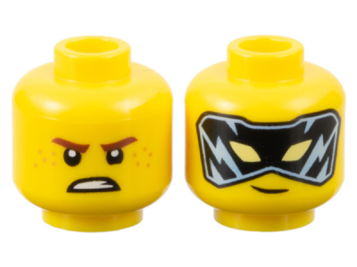 Minifigure, Head Dual Sided Reddish Brown Eyebrows, Medium Nougat Freckles, Scowl / Black and Bright Light Blue Mask with Bright Light Yellow Eyes Pattern, 3626pb3403 Yellow U