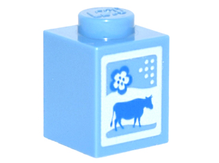 Brick 1 x 1 with Blue Cow and Flower on White Background Pattern (Milk Carton), 3005pb016 Medium Blue U