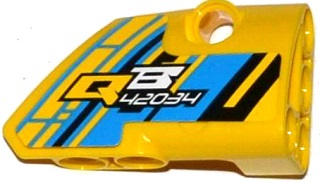 Technic, Panel Fairing # 2 Small Smooth Short, Side B with 'QB 42034' on Dark Azure, Yellow and Black Background Pattern (Sticker) - Set 42034, 87086pb021 Yellow U