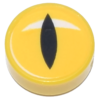 Tile, Round 1 x 1 with Eye, Black Slit Pupil and White Crescent Glint Pattern, 98138pb385 Yellow N