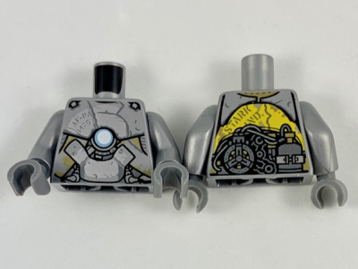 Torso Clunky Asymmetrical Silver Armor, Metallic Light Blue Circle on Chest, Exposed Gear Pattern / Flat Silver Arms / Dark Bluish Gray Hands, 973pb3483c01 Flat Silver U