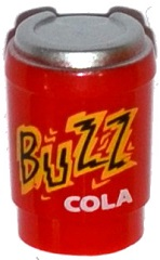 Minifigure, Utensil Cup, Take Out Cup without Top Hole with Metallic Silver Lid and 'BUZZ COLA' Pattern, 15496pb03 Red U