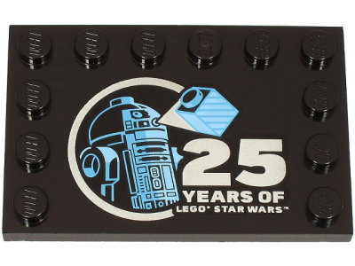 Tile, Modified 4 x 6 with Studs on Edges with Bright Light Blue and Medium Blue R2-D2 Minifigure and Silver '25 YEARS OF LEGO STAR WARS' Pattern, 6180pb195 Black U