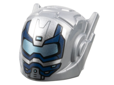 Minifigure, Headgear Helmet with Ear Antennas with Metallic Light Blue Visor and Dark Blue Trim Pattern, 46534pb07 Flat Silver U
