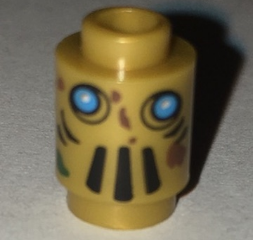 Brick, Round 1 x 1 with Robot Face with Dark Azure Eyes, Black Vents and Reddish Brown Splotches Pattern (Tai-D), 3062pb049
