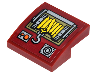 Slope, Curved 2 x 2 x 2/3 with Buttons, Winch with Yellow Rope, and Hook Pattern (Sticker) - Set 70592, 15068pb087 Dark Red U