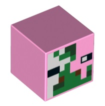 Minifigure, Head, Modified Cube with Pixelated Green and White Face, Black Eyes, and Reddish Brown Nostrils Pattern (Minecraft Zombie Pigman), 19729pb008 Bright Pink U