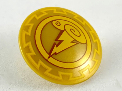 Minifigure, Shield Circular / Round Convex Face with Bright Light Orange Border, Storm Clouds with Lightning Pattern, 75902pb14 Pearl Gold U