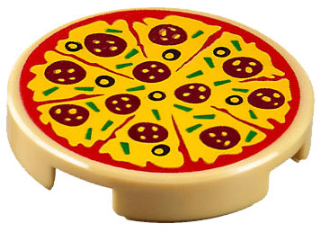 Пицца Lego Tile, Round 2 x 2 with Bottom Stud Holder with Sliced Pizza with Red Tomato Sauce, Yellow Cheese, Dark Red Pepperoni, Black Olives, and Green Bell Peppers Pattern 14769pb160