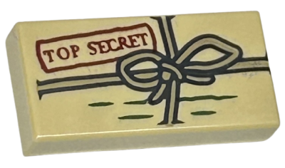 Tile 1 x 2 with Package with Dark Red 'TOP SECRET' Stamp, Dark Green Lines and Dark Tan String with Bow Pattern, 3069pb1194 Tan U