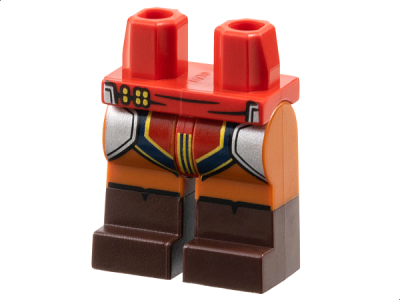 Hips and Dark Orange Legs with Molded Dark Brown Lower Legs / Boots and Printed Silver Armor, Red and Dark Blue Loincloth with Gold Trim Pattern, 970c68pb06 Red N