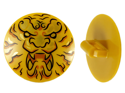 Деталь LEGO Щит Lego Minifigure,75902pb17 Shield Circular Convex Face with Black and Gold Ninjago Lion Head Pattern U Pearl Gold