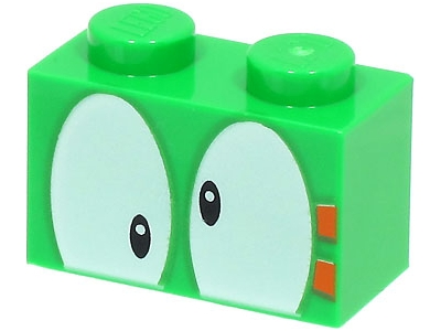 Brick 1 x 2 with Black Eyes on White Background and 2 Orange Rectangles Pattern (Super Mario Lemmy Upper Face), 3004pb287 Bright Green N