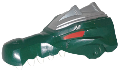 Large Figure Head Modified Chima Crocodile Jaw Upper with Teeth and Silver Armor Pattern, 13696pb01 Dark Green U