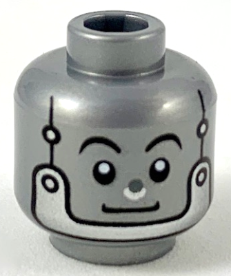 Minifigure, Head Alien Robot with Silver Nose, Rivets, and Chin Strap Pattern, 3626pb2322 Flat Silver U