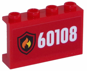 Деталь LEGO Panel 1 x 4 x 2 with Side Supports - Hollow Studs with Fire Logo and White '60108' on Red Background Pattern (Sticker) 14718pb005 