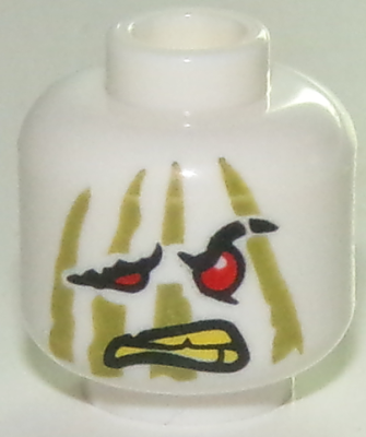 Minifigure, Head Alien Ninjago Red Eyes, Drooping Eye and Mouth Right, Olive Green Stripes, Yellow Teeth Pattern, 3626pb2210 White U
