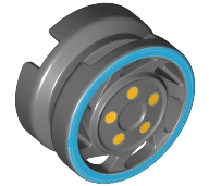 Wheel 11mm D. x 6mm with 7 Slanted Spokes with Blue Rim Edge and Yellow Bolts Pattern, 30838pb01 Dark Bluish Gray U