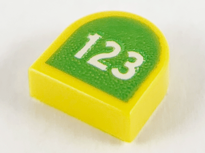 Tile, Round 1 x 1 Half Circle Extended with White '123' on Lime Background Pattern, 24246pb008 Yellow N