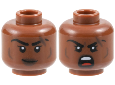 Minifigure, Head Dual Sided Female Black Eyebrows, Dark Brown Lips, Cheek Lines and Scar, Lopsided Grin / Open Mouth Scowl Pattern, 3626pb3681 Reddish Brown N