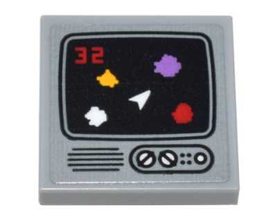 Tile, Modified 2 x 2 Inverted with Computer Monitor Asteroids Game, Red '32' Score on Screen and White Button and Dials Pattern (Sticker) - Set 10306, 11203pb087 Light Bluish Gray U
