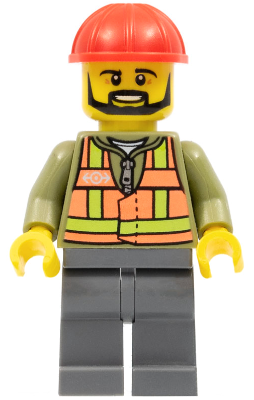 Минифигурка Lego Light Orange Safety Vest, Dark Bluish Gray Legs, Red Construction Helmet, Black Beard trn235a