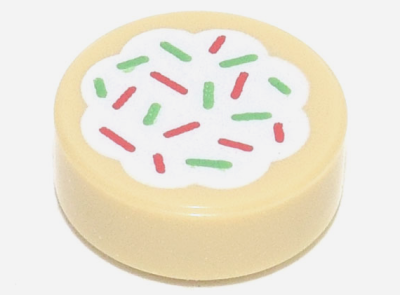 Tile, Round 1 x 1 with Cookie with White Frosting and Red and Green Sprinkles Pattern, 98138pb256 Tan U