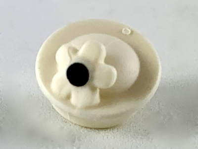 Minifigure, Hat with Small Pin, Pillbox Hat with Flower with Black Center Pattern, 41944pb02 White U