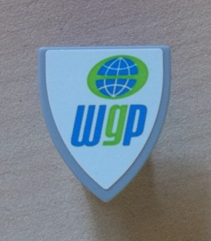 Minifigure, Shield Triangular Short with Globe and 'wgp' World Grand Prix Logo Pattern (Sticker) - Set 8423, 3846pb030 Light Bluish Gray U