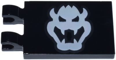 Tile, Modified 2 x 3 with 2 Clips with White Bowser Head Pattern, 30350bpb111 Black N